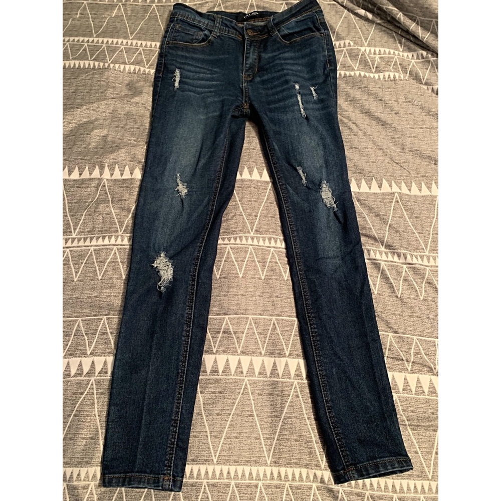 Distressed high rise jeans